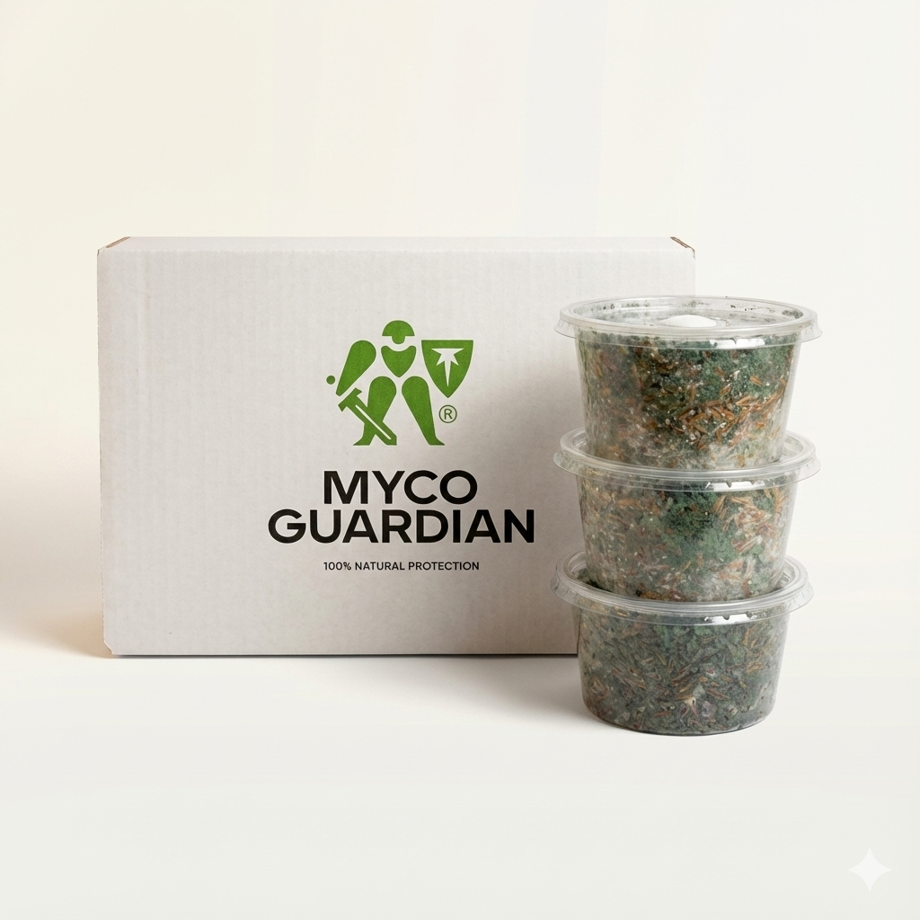Три ємності з культурами триходерми та коробка Myco Guardian